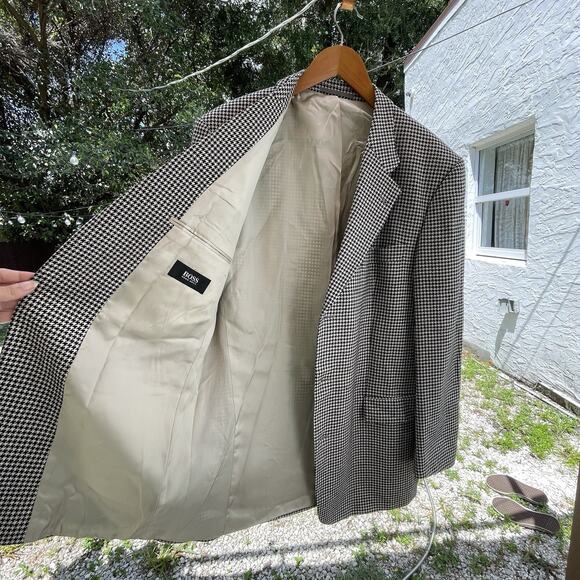 VTG Hugo Boss 90s Houndstooth Wool Blazer Mens 46R Oversized Made in Germany - Picture 10 of 11